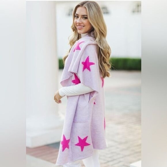 J.Marie Anniston Cardigan Open Front Pink Stars Purple Spring Pastel Womens M/L - Picture 5 of 6